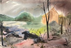 Lakeshore Landscape–Charlotte Hoffman–Medium Size-Mid 20th NY Artist Watercolor