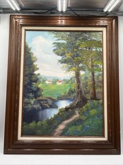 VTG FRAMED OIL ON CANVAS PAINTING Wooded Countryside River Scene Bob Ross Style