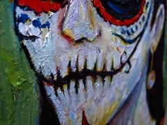 SKULL MASK OIL█PAINTING REALIST ART█VINTAGE ORIGINAL█DAY OF THE DEAD SKELETON NA