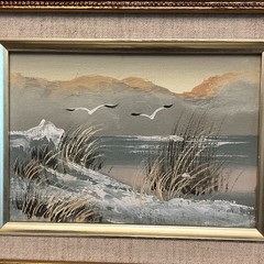 Vintage Oil On Canvas In Ornate Gold Frame Beach Dunes Seagulls Waves Landscape