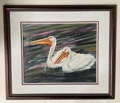 Carol Creel Pelican Birds Original Water Color Painting Signed Framed