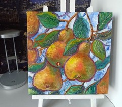 Original Oil Painting Pears on tree on Canvas Board 25x25cm Signed Art