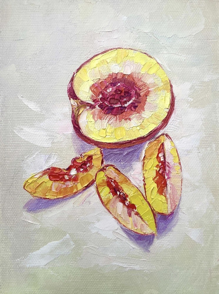 Peaches Original Oil Painting. Kitchen Art. 5×7 Inches. Unframed.