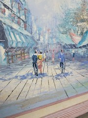 Vintage Street Scene Oil Painting Canvas Signed Bernard 29”x25” – Frame Damaged!