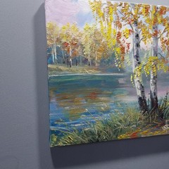 Autumn River Birch Trees Landscape Oil Painting Original Wall Art Canvas 8×8 in.