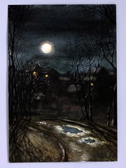 Christmas Night Watercolor Painting Landscape Original Winter Country House Art