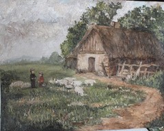 8×10″ Original Oil Painting – Landscape – Impressionist – Cottage sheep #W4538