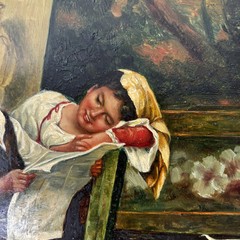 Detailed Figurative Oil Painting „Reading Boy“ Rustic Small Artwork