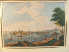 Antique 19C LG European Harbor Sailboats Castle W/C Painting