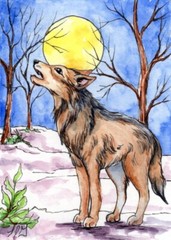 Wolf Howl at the Full Moon Art ACEO ATC Original Ink and Watercolor LJG