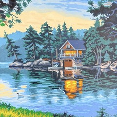 Evening River Cabin & Adirondack Chairs Paint By Numbers Painting 2011 Completed