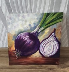 Original Oil Painting Red Onion Art on Canvas Board 25x25cm Still Life Artwork