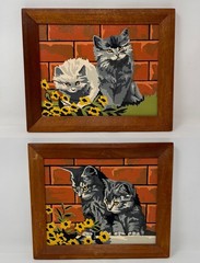 Vintage Pair Paint By Number Pictures Cats Kittens With Flowers Framed 12 X 9.5”