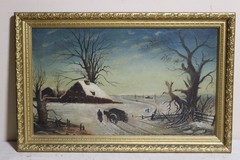 19thC ANTIQUE OIL PAINTING HORSE CART MOTHER CHILD COUNTRY LANDSCAPE GILT FRAME
