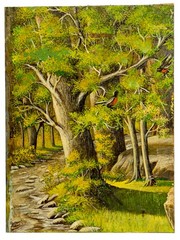 Small Vintage Bird Painting, Robin in the Woods with Stream, Unsigned