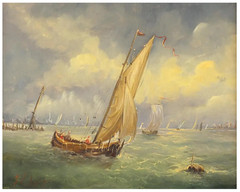 Dutch Oil Painting J. Redert Stormy Seascape Sailboat on the Rocks Early 1900’s
