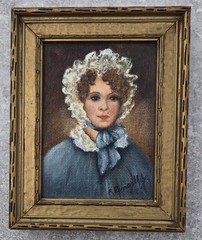 Vtg Antique Gregorian School Portrait Lady in Blue Miniature 5″X4″ Oil Painting