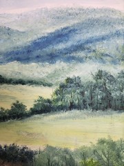 Original Acrylic Landscape Painting Red Poppy Field Mountain Meadow Wall Art