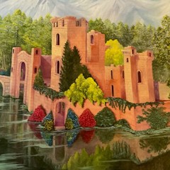 Vintage 70s landscape pink castle original painting hand painted by Robins