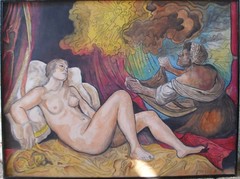 Painting Eddi Goldstein Israeli Woman and Maidservant Mixed Technique Board