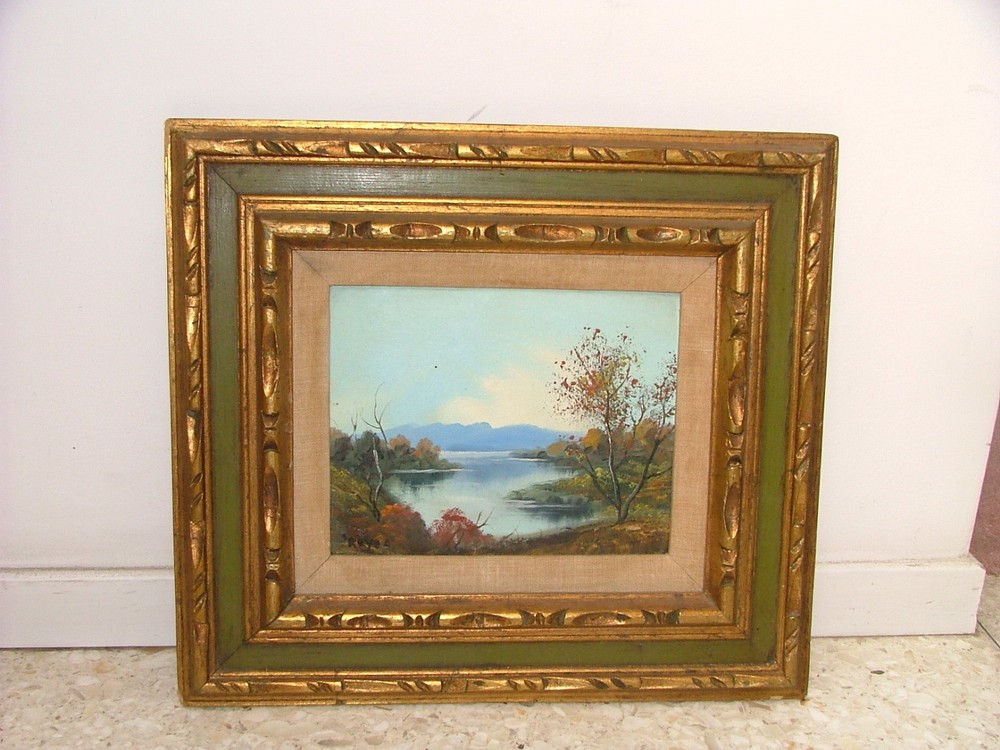 REYES North Or South America Midcentury Painting Lake With Hills Or Mountains