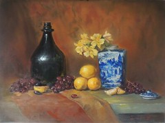 Original Oil Painting Still Life Realism Floral in Blue White Vase Fruit Signed