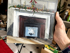 Original oil painting on canvas Christmas Holidays fireplace with wreath signed