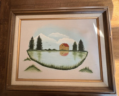 Folk Oil Painting of Barn on Lake Signed Wood Frame Linen Mat 20×16 Pastoral
