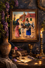 Vintage Signed French Village Oil Painting Donkey Provence Framed Wall Decor