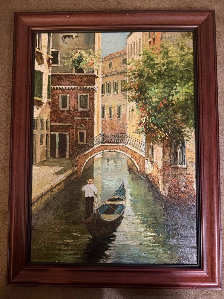 Venetian Canal Painting — gondolier, stone bridge, Framed Art