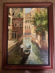 Venetian Canal Painting — gondolier, stone bridge, Framed Art