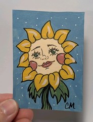 ACEO Original Whimsical Sunflower Face Acrylic Painting Hand Painted Art Card