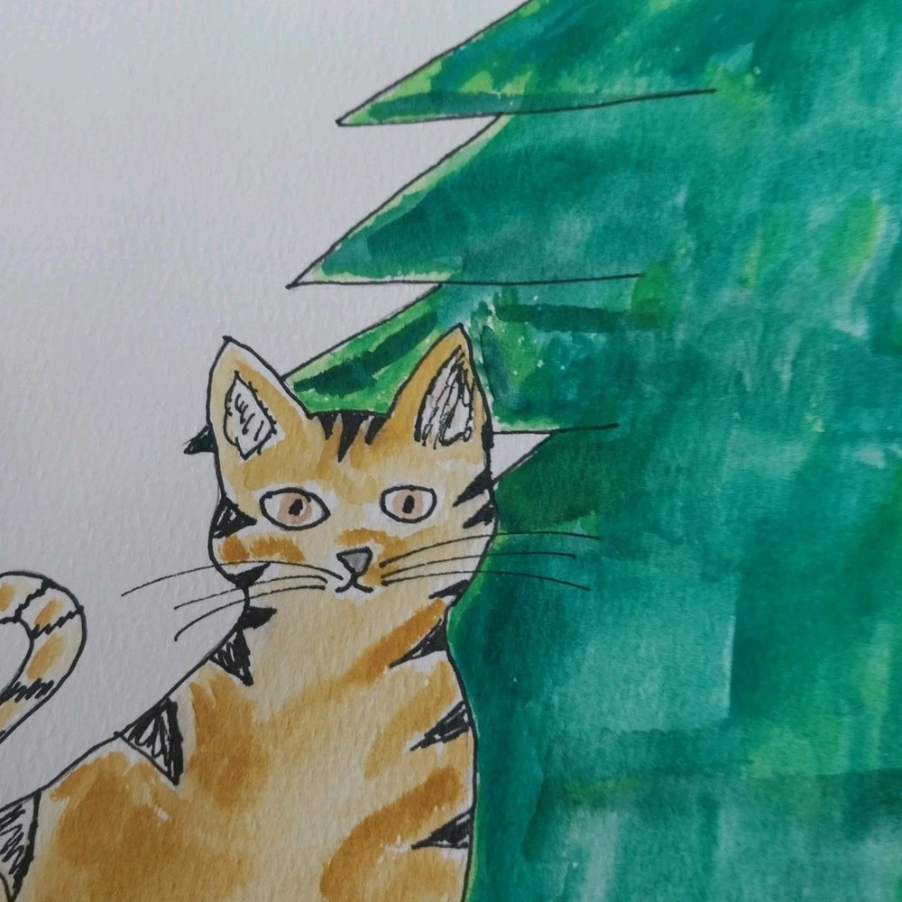 GAT Original Impressionist Painting 6×9 Inches Watercolor Tree Cat Kitten Art