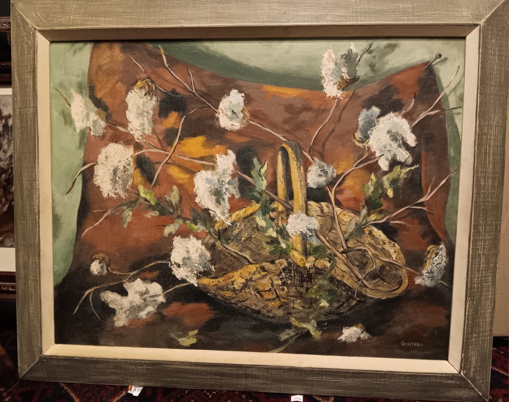 Large MCM Early Mary Ann Ginter Painting circa 1950’s Listed Artist „COTTON“ Art
