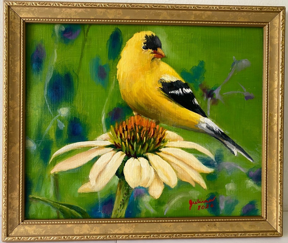 GOLDFINCH AND CONEFLOWER ~ Realistic Oil Painting on Board ~ FREE SHIPPING