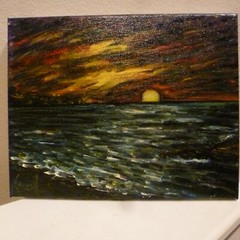 RED SUN AT SPARROW’S COVE 8×10 vintage oil painting canvas signed by CROWELL
