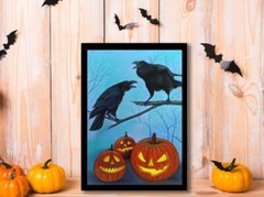 Original pastel painting 8х11″ Raven Crow Black Bird with pumpkin mistical art