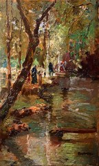 Attilio Pratella (1856-1949) attributed – walker by forest stream.