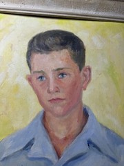 J Wolf „Portrait of A Boy In Blue Shirt“ Oil Painting – Signed And Framed