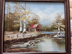 VTG Picture Hand Painted Art Framed Rustic Red Barn Pond 10×9″