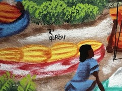 Original Art Painting Tropical Village Market Scene by R Alaby Folk Art Haiti