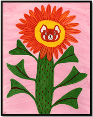 Red Panda Flower Painting, Fantasy Animal Art 8×10