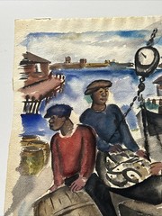 Antique New Jersey Painting Black Fisherman Fish Market Maurice Bilton Rare
