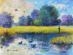Original Oil Painting Fisherman by the Pond Landscape Impressionist Framed Artwo