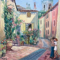 Vintage French Oil Painting Bagnols Village Provence Kissing Couple Signed
