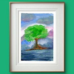 A Lone Tree Colorful Abstract Impressionist Original Watercolor 5×7 Signed