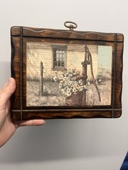 Vintage Farm Rustic Pump & Barn Farmhouse Dark Wood Framed Brown Plaque