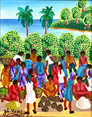 Original Signed JACQUES LIONEL (JL) HENRY o/c Haitian Sea Side Market Painting