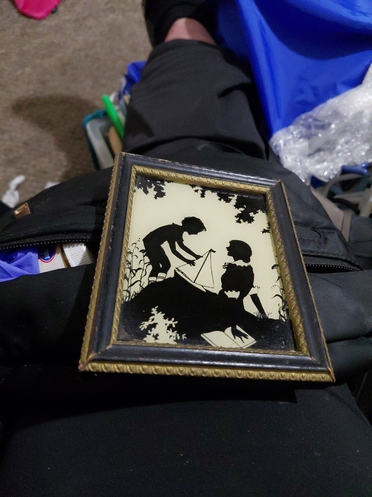 Antique Victorian Silhouette Scene Boy With Toy Sailboat & Woman With Book