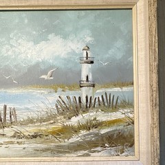 Morgan Framed Signed Impressionist Seascape Lighthouse Beach Painting on Canvas